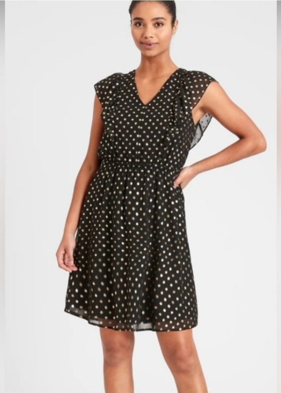 Banana Republic Women's Gold Metallic Polka Dot Black Fit Flare Dress Size S